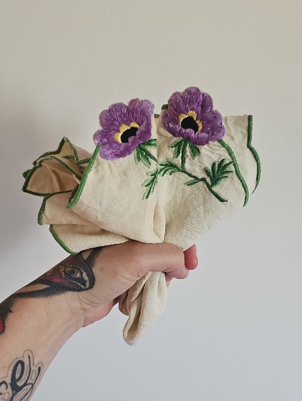 Embroidered Purple Pansy Linen Napkins with Green Trim